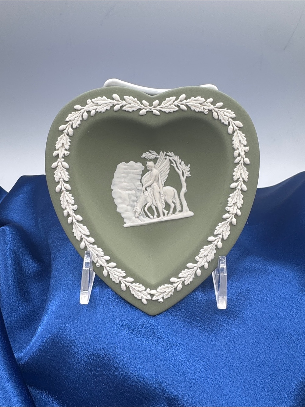 Wedgwood Jasperware sage green heart-shaped trinket dish.